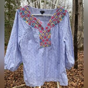Talbots cotton popover Blouse Colorful Floral Embroidery Swiss polka dot 23by25
